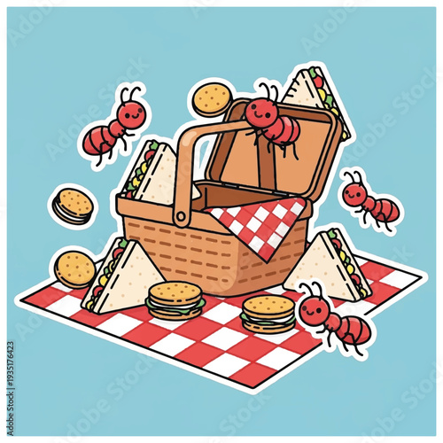 Ants Gathering Around Picnic Basket Food.