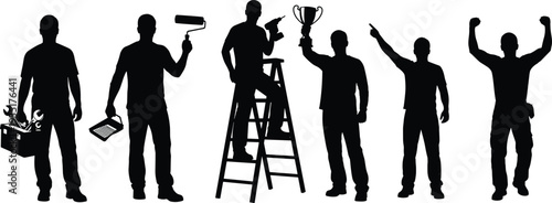 Black silhouettes of professional construction workers and handymen with tools and ladders in various working poses isolated on white background