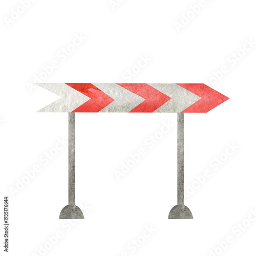 Watercolor striped red obstacles illustration. Sign indicating a turn and detour.