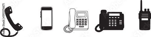 Black and white line of various telephones cell phone mobile phone landline