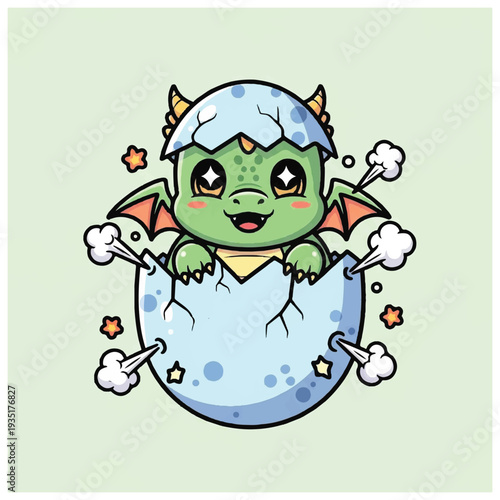 Cartoon Green Dragon Hatching from Egg.
