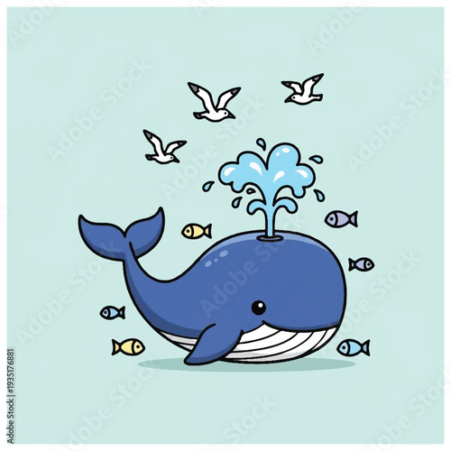 Blue Whale Cartoon Character with Fish.