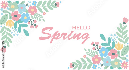 A beautiful illustration of the word "Spring" surrounded by delicate pastel-colored flowers and green leaves, evoking a sense of freshness and renewal.