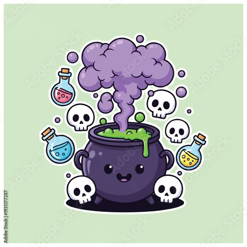 Cartoon Cauldron with Green Potion and Skulls.