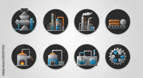 Collection of industrial factory icons representing manufacturing and production processes.