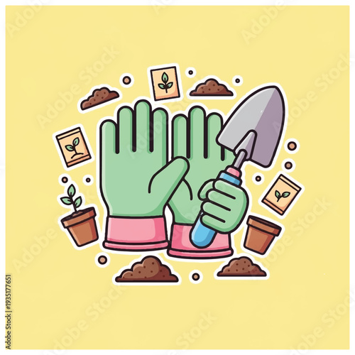 Gardening Gloves and Tools Illustration.