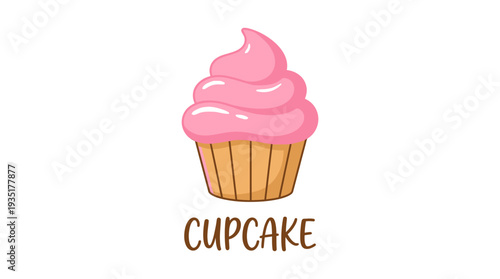 Cute Pink Cupcake Dessert Illustration. Sweet Cartoon Bakery Treat with Swirl Frosting on White Background.