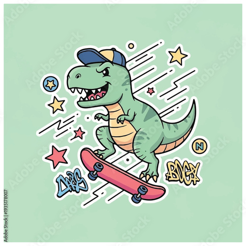 Cartoon Dinosaur Riding Skateboard with Hat.