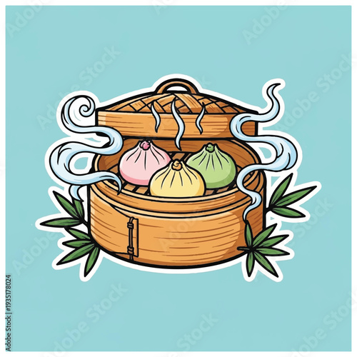Steamed Dumplings in Bamboo Steamer Basket.