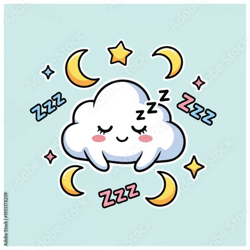 Cute Cartoon Cloud Sleeping Peacefully Under Stars.