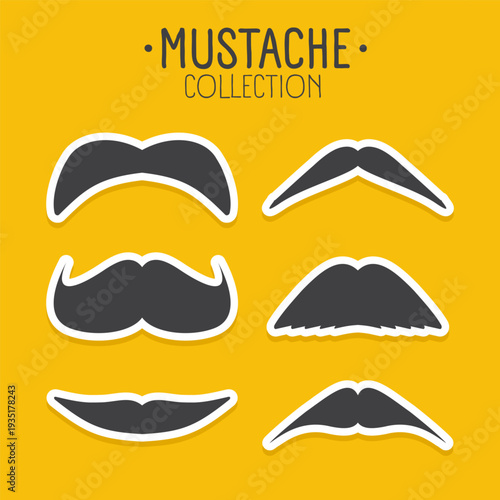 Mustache collection in different styles of moustaches. Hipster, barber, retro, vintage facial hair icons for logo, branding, poster, sticker, fashion, barbershop, design projects. Vector illustration