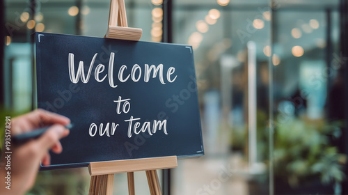 Hand writing welcome to our team on a chalkboard easel, symbolizing onboarding, recruitment, and new employee greetings in a corporate environment, copy space