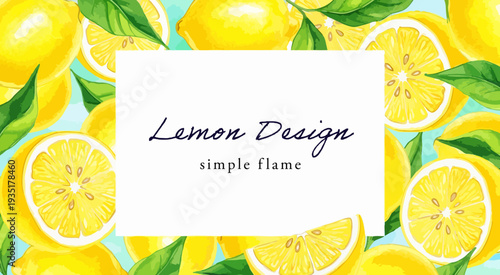 水彩タッチのレモンと葉で囲まれた爽やかな背景フレーム｜黄色い柑橘類が印象的な、夏・飲料・食品デザイン向けの余白付き素材