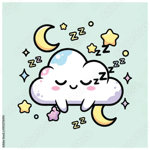 Cartoon Cloud Sleeping Peacefully with Stars.