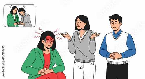 Woman Suffering from Stomach Ache and Headache with Concerned Colleagues Vector
