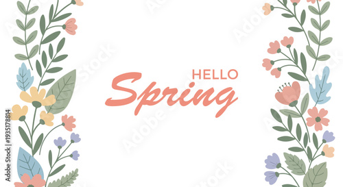 A beautiful illustration of the words "Hello Spring" surrounded by delicate floral arrangements on a white background.