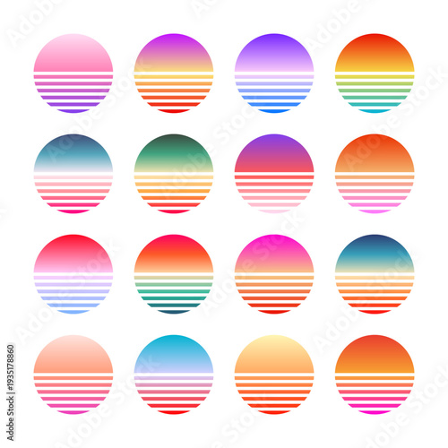Vintage colorful sunset. Striped gradient sunrise badges in 80s and 90s style. Sun and ocean view, summer vibes, surfing. Design element for print, logo or t-shirt. Vector illustration