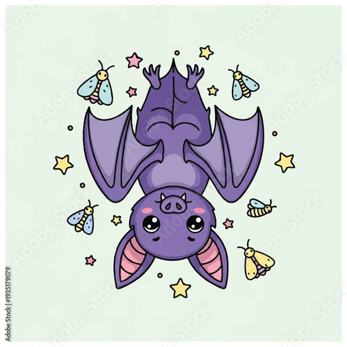Purple Cartoon Bat with Moths and Stars.
