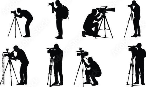 Black silhouettes of professional photographers and videographers with cameras and tripods in various shooting poses isolated on white background vector