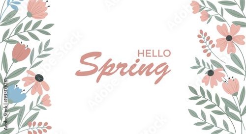 A beautiful illustration of the word Spring surrounded by delicate flowers and leaves, conveying a sense of renewal and freshness.