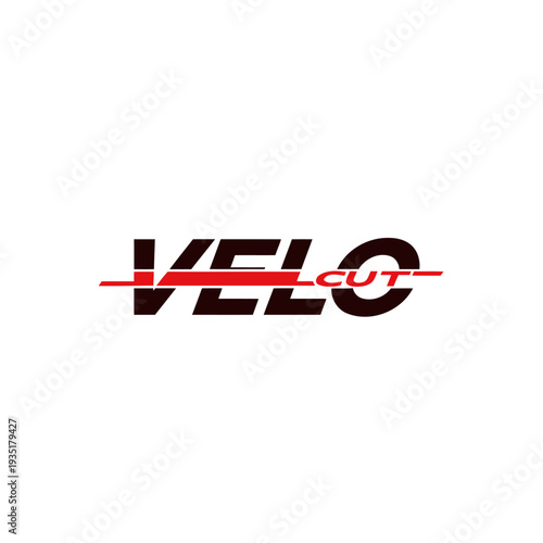 Velo Cut logo design with red speed slash for modern branding and haircut services.