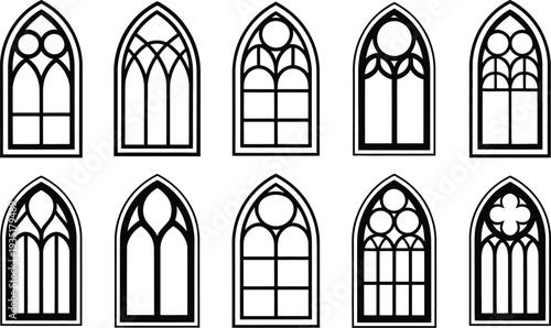 Set of gothic church window designs in black and white