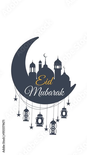 Celebrating Eid Mubarak with crescent moon and lanterns in a festive illustration