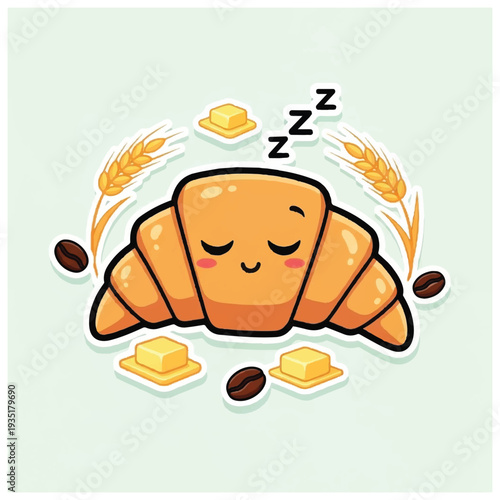 Sleeping Cartoon Croissant with Butter and Coffee.