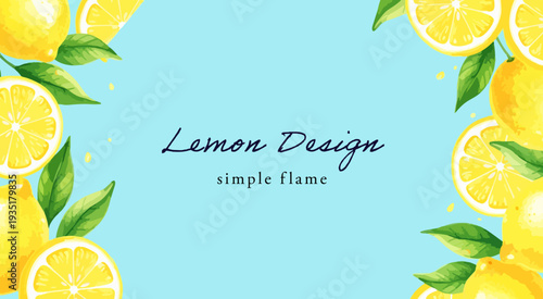 水彩タッチのレモンと葉で囲まれた爽やかな夏背景フレーム｜水色ベースで清涼感のある、飲料・食品・広告向け余白デザイン素材
