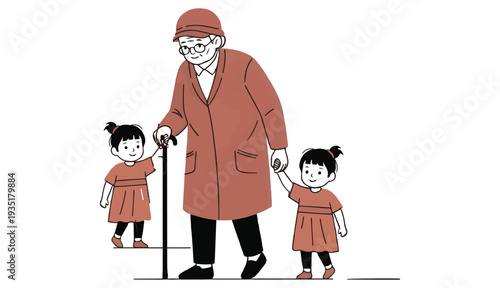 Elderly Grandmother Walking with Grandchildren Using a Cane