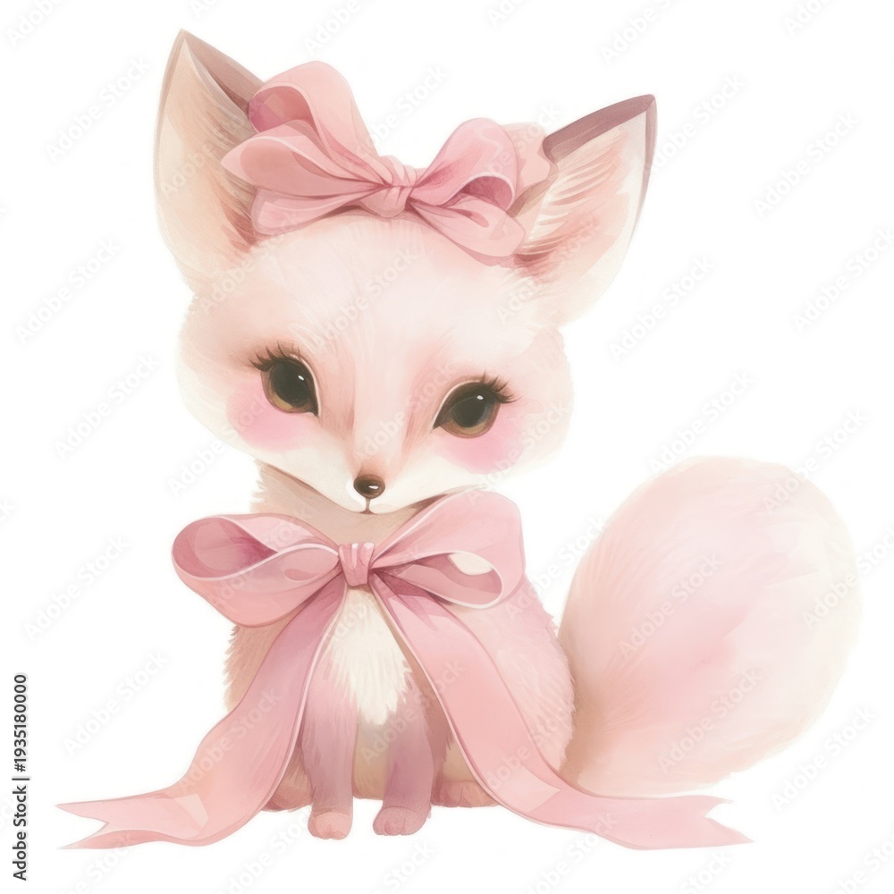 Obraz premium A fox tied with ribbon illustration animal pink.