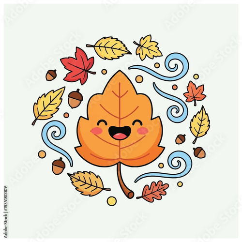 Happy Cartoon Leaf Character with Leaves.