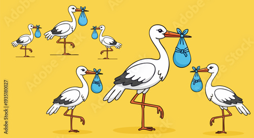 Set of 6 Stork with Baby Bundle Vector Illustrations