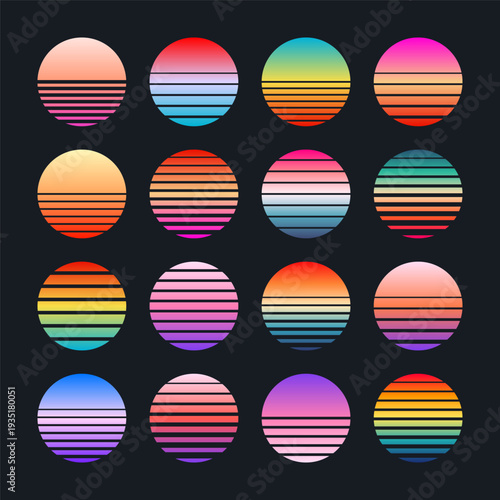 Vintage colorful sunset. Striped gradient sunrise badges in 80s and 90s style. Sun and ocean view, summer vibes, surfing. Design element for print, logo or t-shirt. Vector illustration