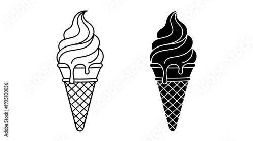 Soft Serve Ice Cream Cone Icon Set. Outline and Solid Black Glyph Vector Symbols with Melting Drips. Sweet Summer Dessert Graphic Design Element.