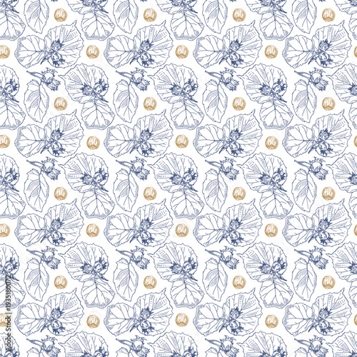 Hazelnut seamless pattern. Square vector illustration with nuts and leaves.