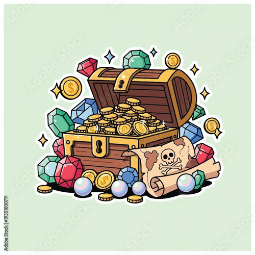 Treasure Chest Filled with Gold Coins and Jewels.