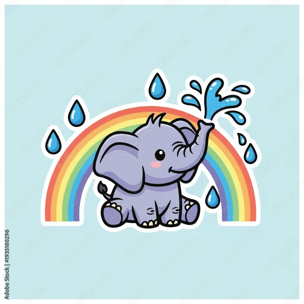 Fototapeta premium Cartoon Elephant Playing with Water Drops.