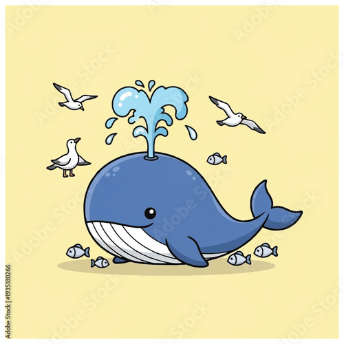 Cartoon Whale Spouting Water with Seagulls.