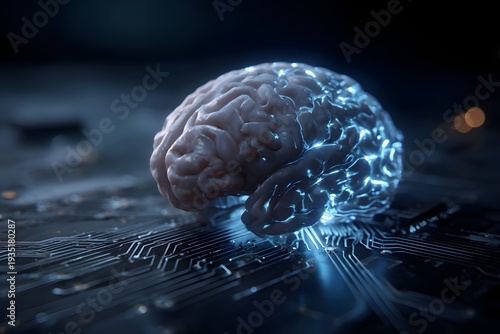 Human Brain Half Circuit Board on Dark Background – AI Integration Concept