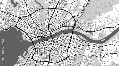 Minimalist Grayscale City Map: Abstract Urban Street Network with River, Bridges, and Coastal Features. Modern Top-Down Geographic Vector Illustration.
