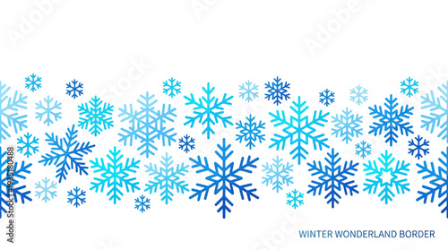 Winter Wonderland Blue Snowflakes Border on White Background. Decorative Seasonal Holiday Graphic for Christmas, New Year, and Cold Weather Designs.