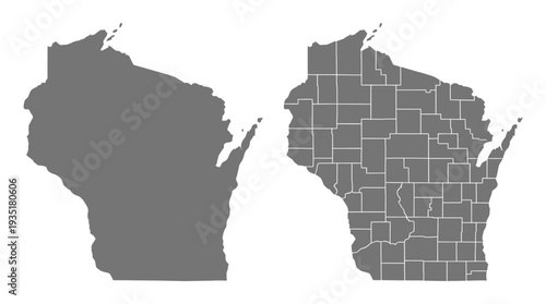 Wisconsin State Map with and without County Divisions - US Midwest Region Outline