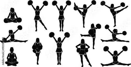Black silhouettes of young cheerleaders performing various energetic jumps and dance moves with pom poms isolated on white background vector