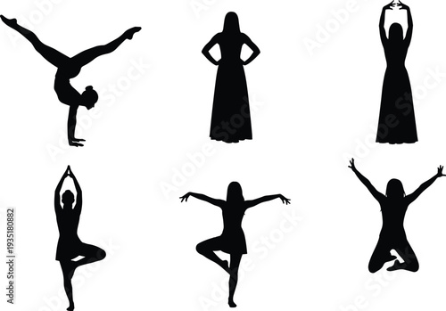 Black silhouettes of women performing yoga poses and graceful fitness exercises isolated on white background for health and wellness vector