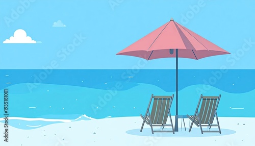 Beach scene illustration with two chairs under a pink umbrella, ocean view, cartoon style