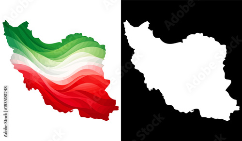 Flag and outline map of iran with national colors and borders.