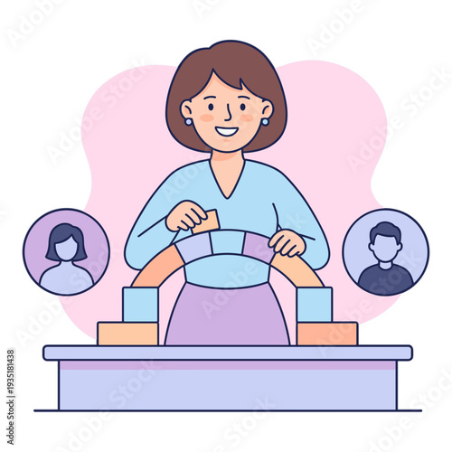 A woman is standing behind a counter exchanging gifts with two people.