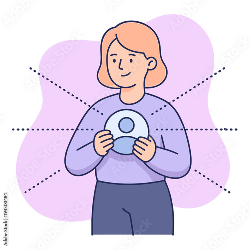 Woman holding a CD in her hands with a smile on her face indoors