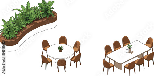 Set of Modern Dining Table Designs with Potted Plants and Elegant Seating Arrangement